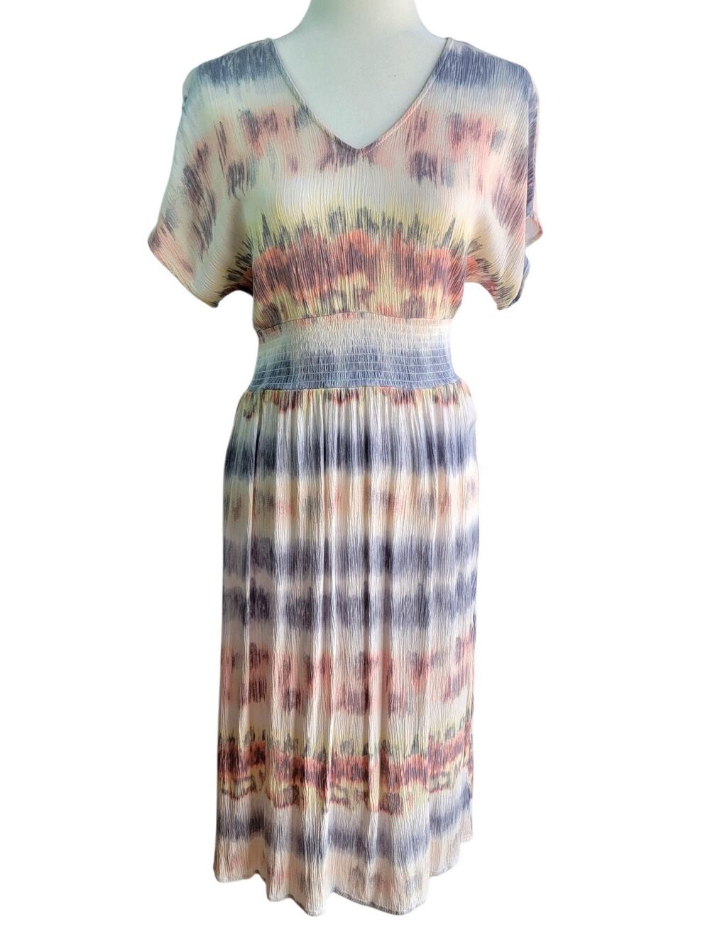 Bebop Beachy Tie Dye Smocked Waist Midi V-Neck Lightweight Gauze Dress Size M